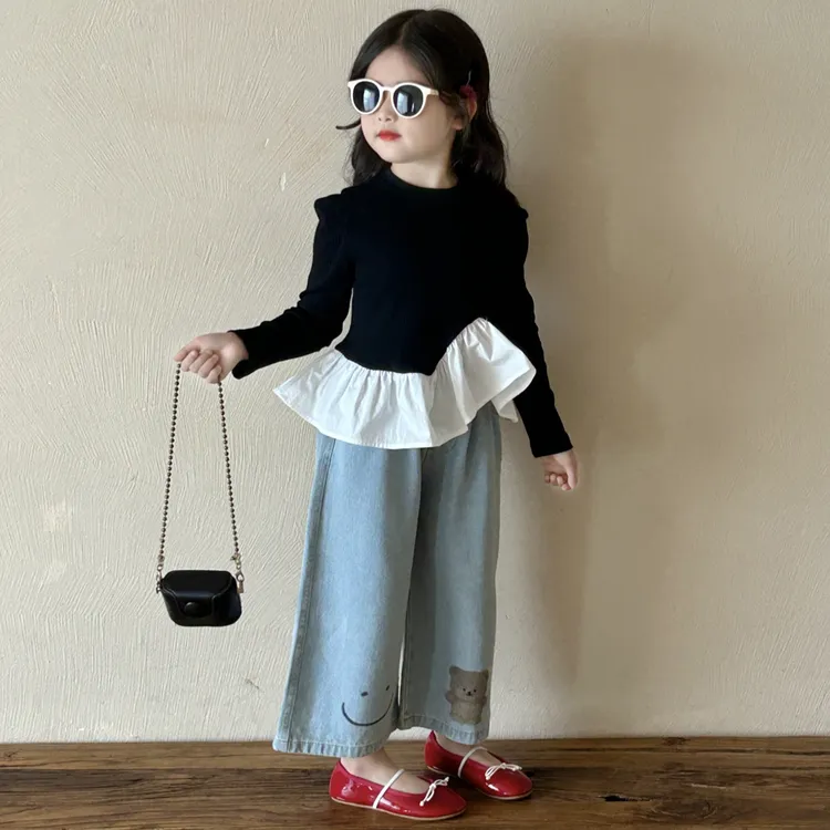 女童套装春季2025新款洋气时髦儿童百搭荷叶边长袖上衣卡通牛仔裤
