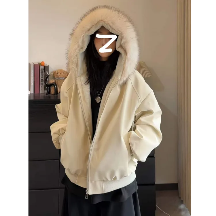 美式座山雕pu皮仿兔毛绒大毛领棉服2025冬加绒派克服外套潮男女