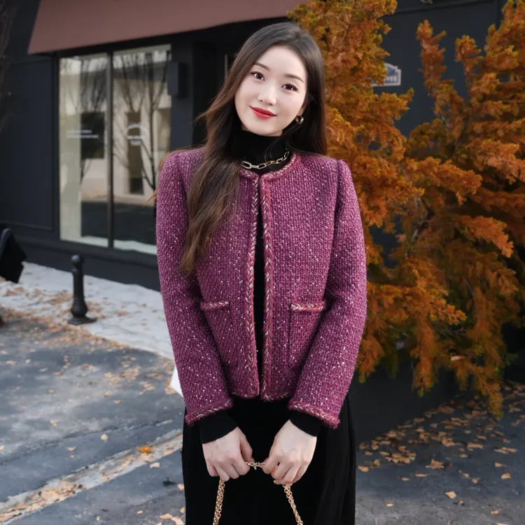 【紫月幽兰】2025春秋冬新款紫色时尚气质轻奢小香风外套