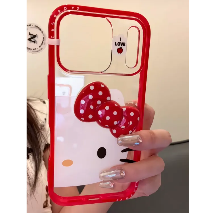 高透红色苹果大脸kitty手机壳适用iPhone17promax/16IMD透明防摔