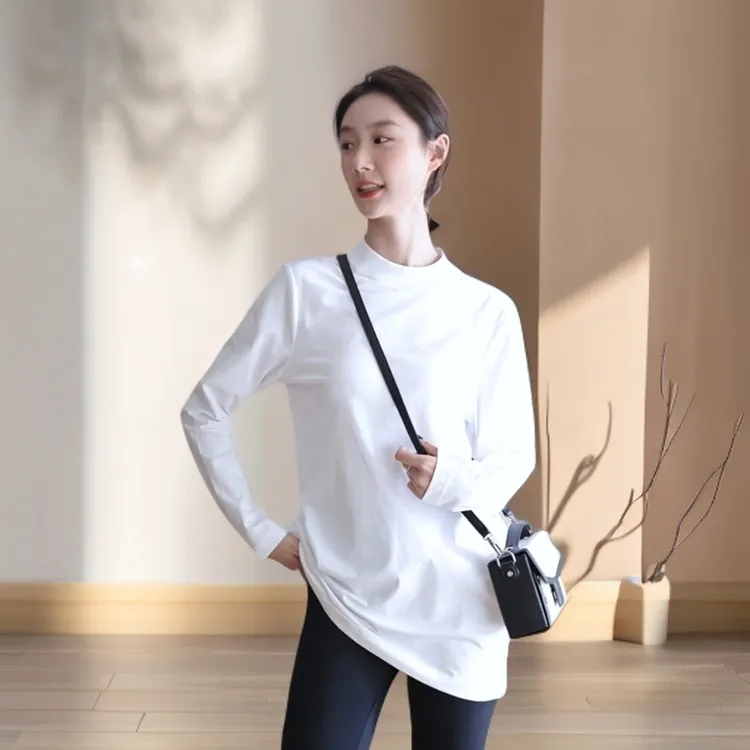 中长款极简设计感!纯棉T恤女长袖半高中领外穿宽松立领半袖打底衫