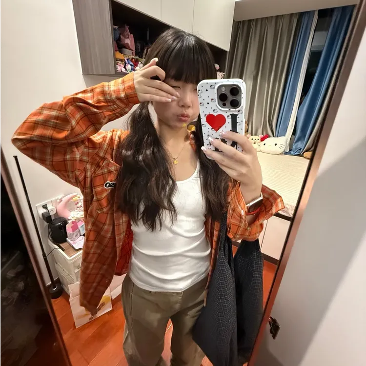 美式复古橙色格子衬衫女早秋季新款宽松休闲防晒长袖上衣外套秋季