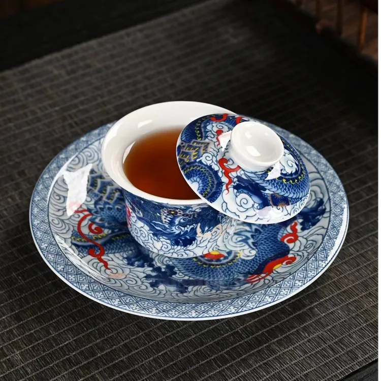 中式复古高档悬停悬转陶瓷三才盖碗家用大容量壶承泡茶碗茶具器具