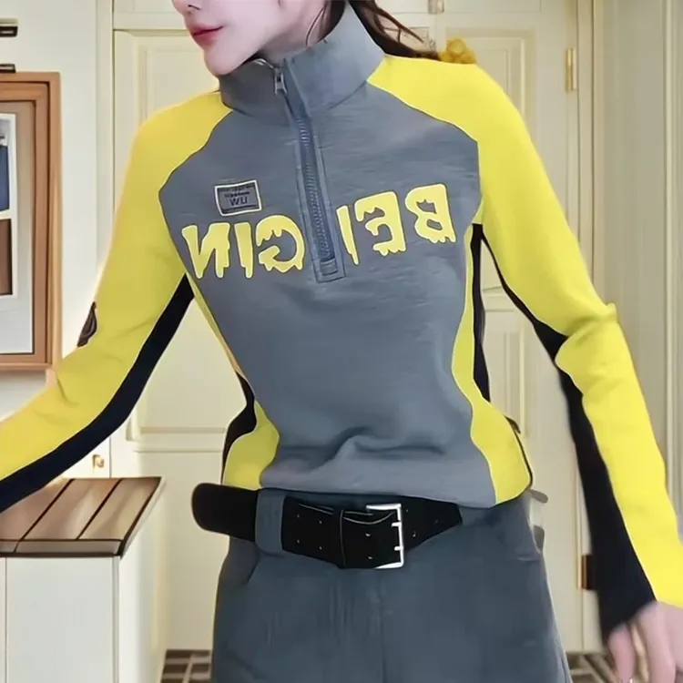 轻奢松弛感半拉链撞色加绒长袖打底T恤女ins加厚女士休闲打底衫女