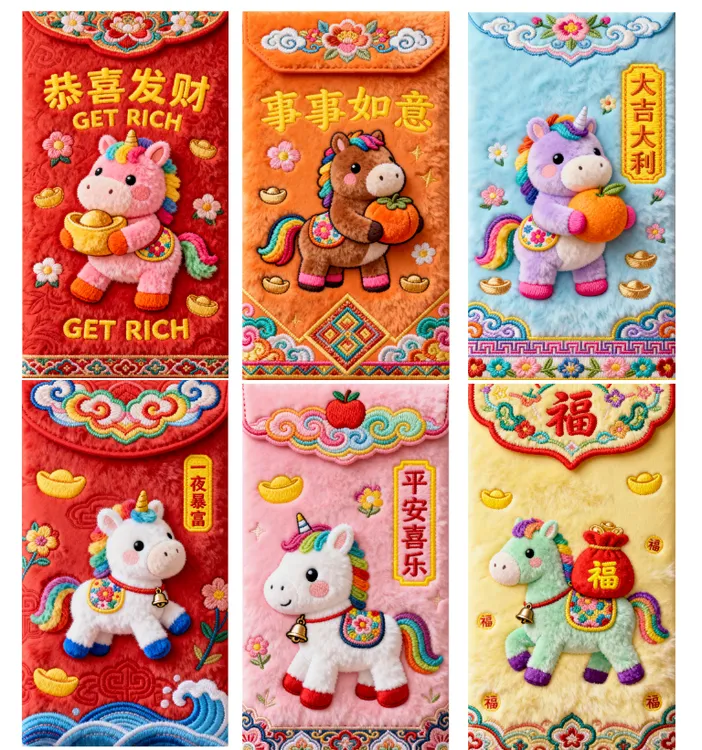 2026马年5D平面毛绒刺绣风格可爱卡通Q版春节元宵节利是封红包