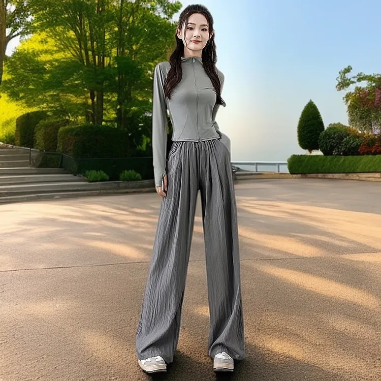垂感时尚薄款套装宽松防晒服休闲春秋季速干衣裤高腰阔腿冰丝山本