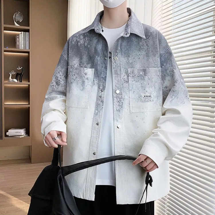 衬衫式外套男春秋季2025新款工装夹克男翻领宽松帅气渐变长袖上衣