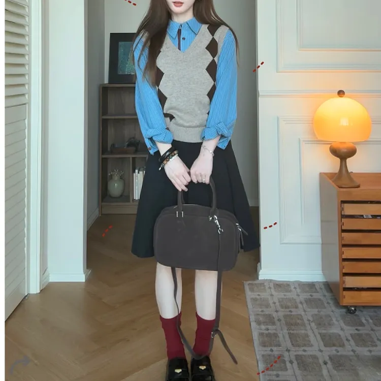 甜粿妹妹韩系翻领条纹长袖衬衫叠穿针织马甲背心两件套上衣女