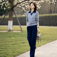 2025女装秋季新款时尚减龄POLO领针织衫+直筒裤两件套套装女