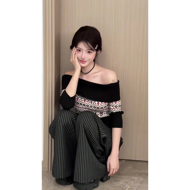 提花一字肩针织衫修身显瘦柔软露肩毛衣T台裤条纹西装裤拖地裤女