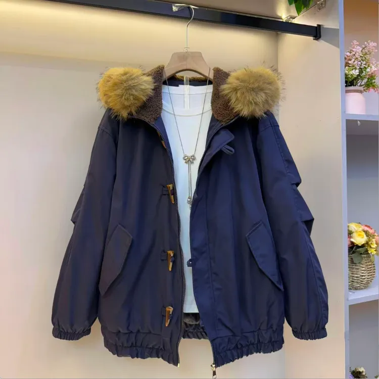 秋冬新款美式牛角扣冬日甜酷风松弛慵懒大毛领连帽棉服