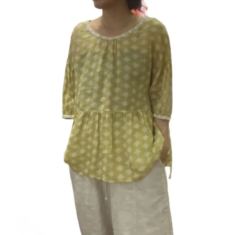 春季原创苎麻印花圆领七分泡泡袖宽松文艺上衣小衫