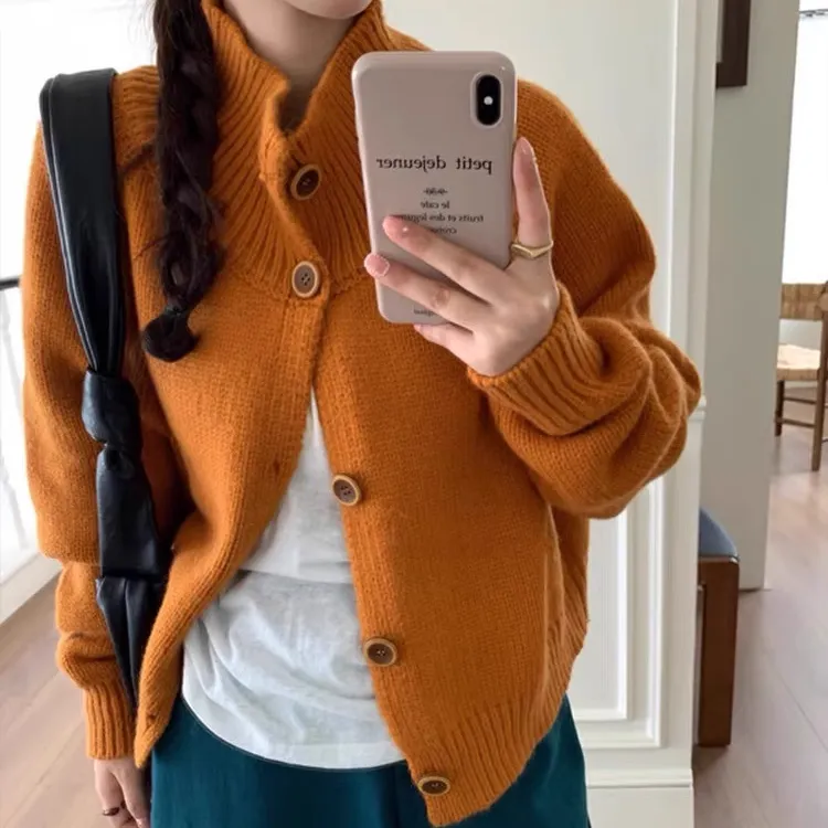 秋冬慵懒风毛衣外套女款2025新款高领上衣复古单排扣橘色针织开衫