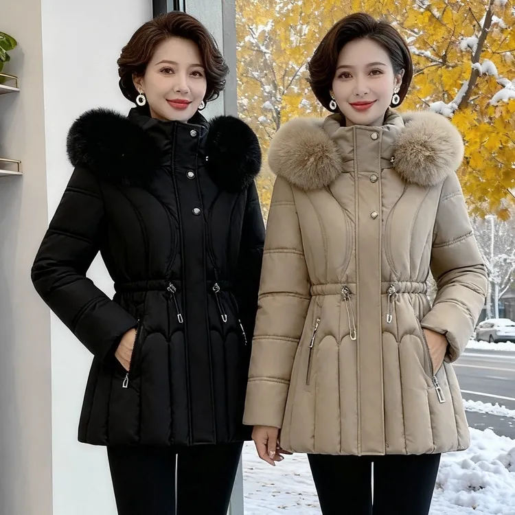 高级颗粒感纹理面料棉袄冬季新款中年女士妈妈棉衣服短款收腰毛领