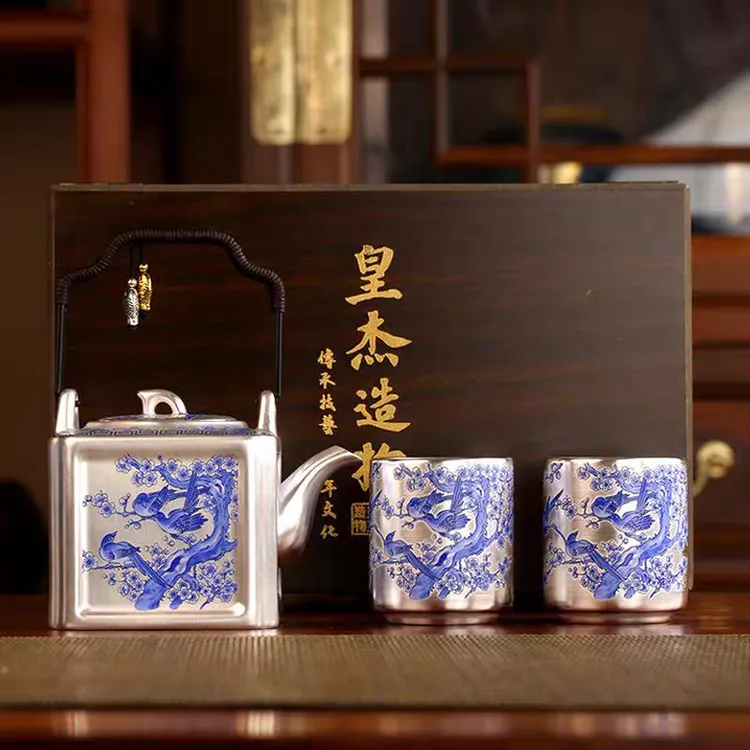 周鸿杰喜上眉梢鎏银提梁壶一壶二杯礼盒装家用高档功夫茶具泡茶壶