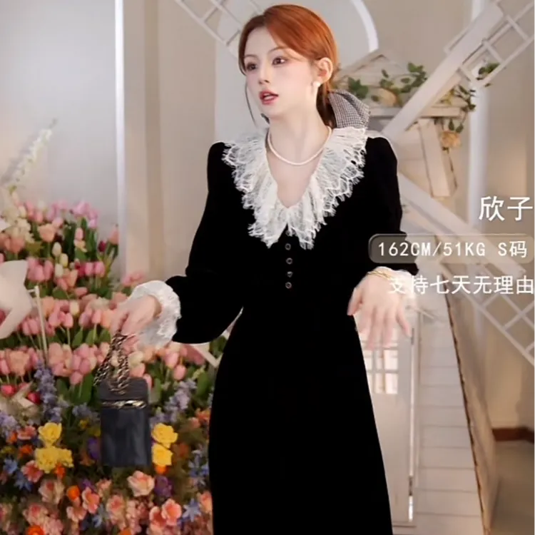 ON&ON/安乃安【琥珀流光】法式复古蕾丝收腰丝绒连衣裙-N4SA1626101