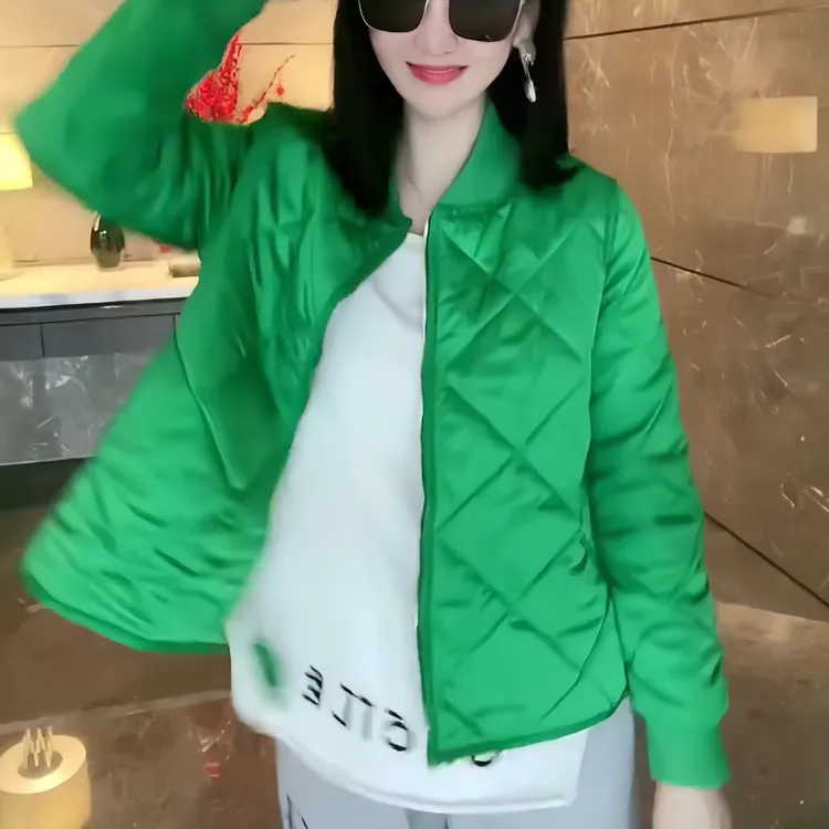 【绿色】韩版时尚棉服女秋冬新款洋气菱格棒球服小个子百搭棉衣外套