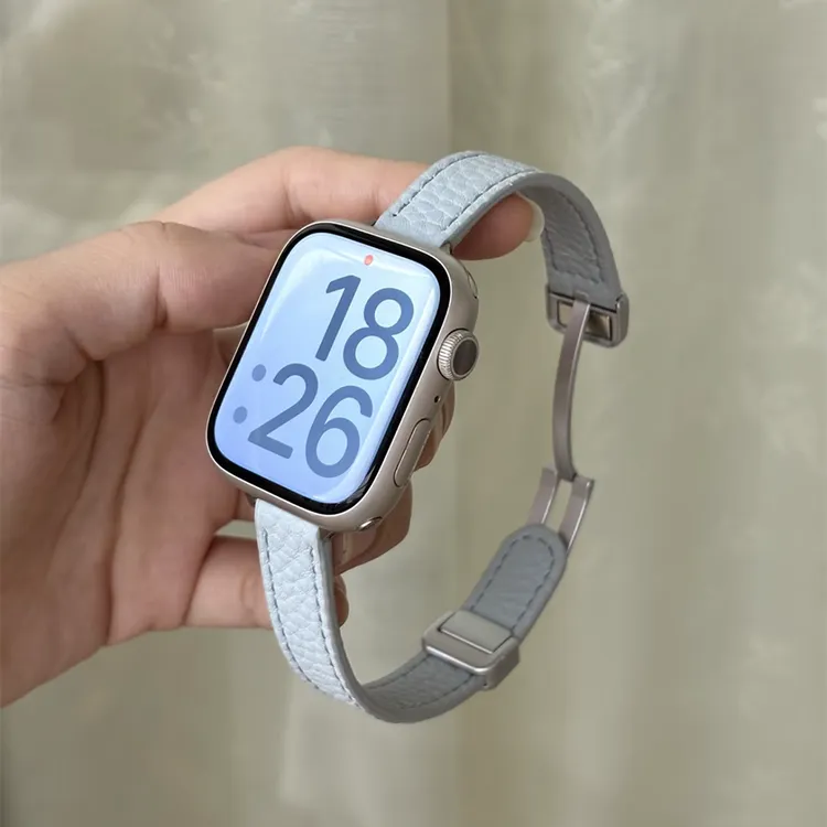 适用苹果S10/9/8/7/6表带iwatch5432se真皮质小众磁吸腕带手表带