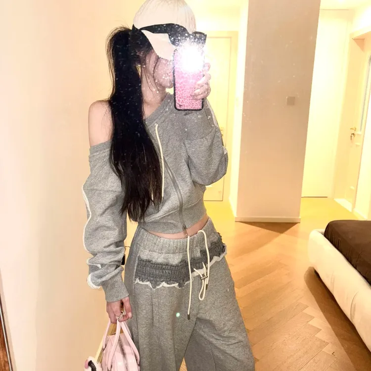 2025早春新款时尚套装气质显瘦洋气休闲百搭露肩上衣阔腿长裤套装