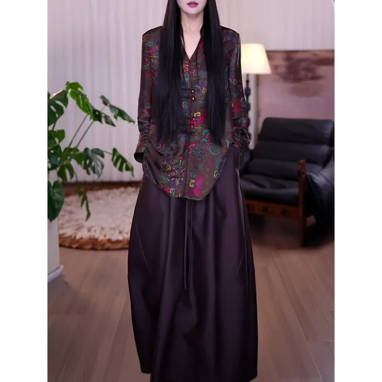 新中式时尚国风套装女2025秋季新款复古宽松显瘦长袖衬衫+半身裙