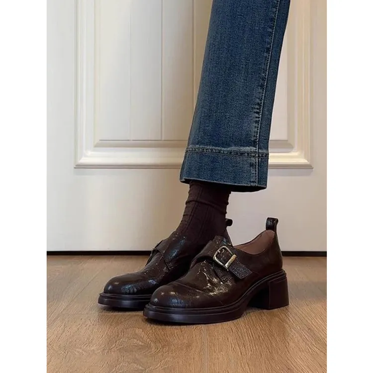 羊皮版~法式复古皮带扣乐福鞋简约通勤粗跟一脚蹬英伦风小皮鞋女