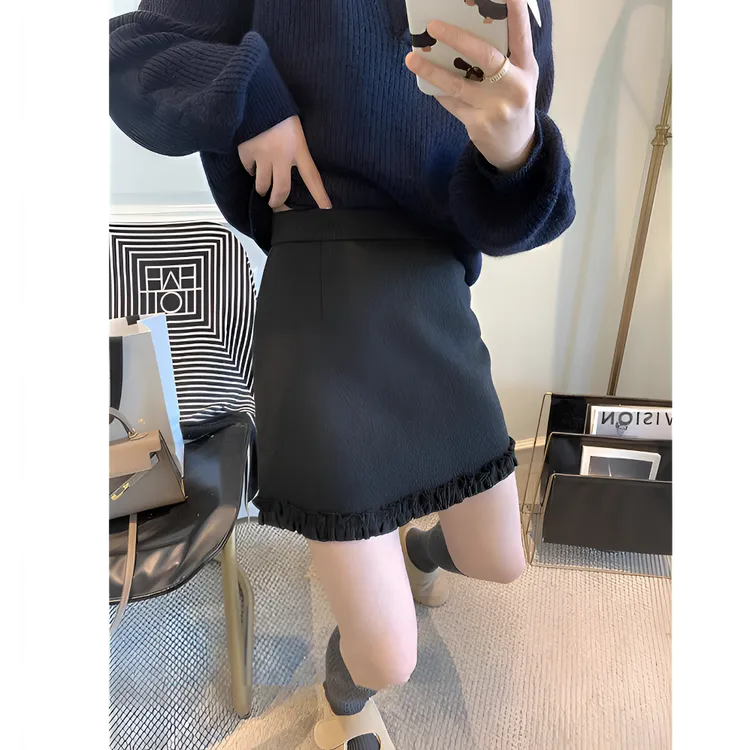 大码胖mm灰色小众花边半身裙女秋冬高腰复古显瘦包臀裙子A字短裙