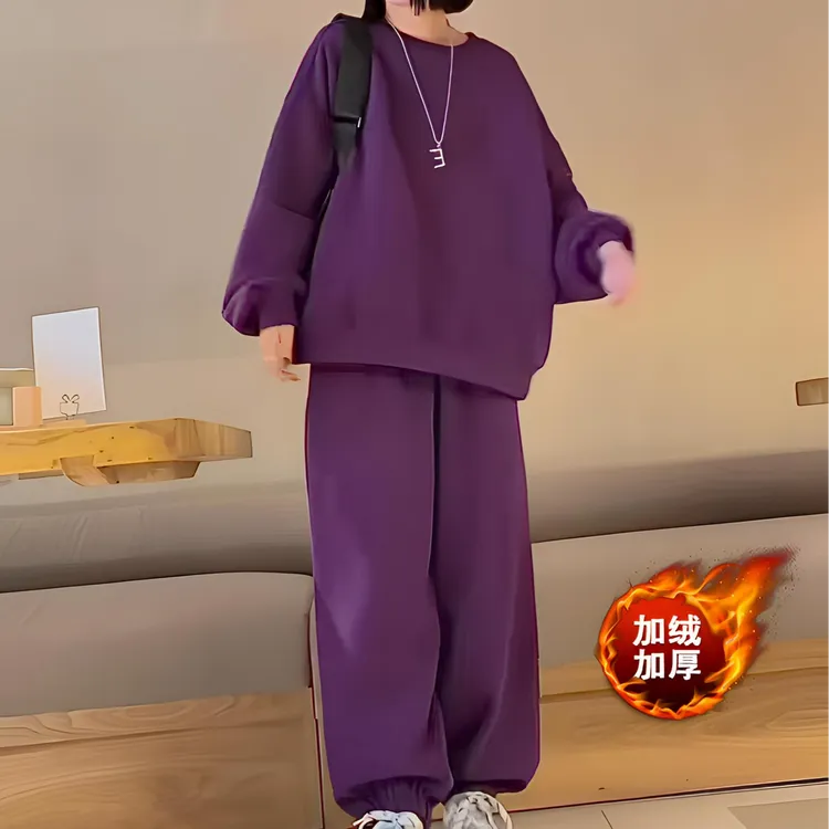 休闲运动套装圆领秋季韩版阔腿加绒紫色运动女士套装2025冬季秋冬
