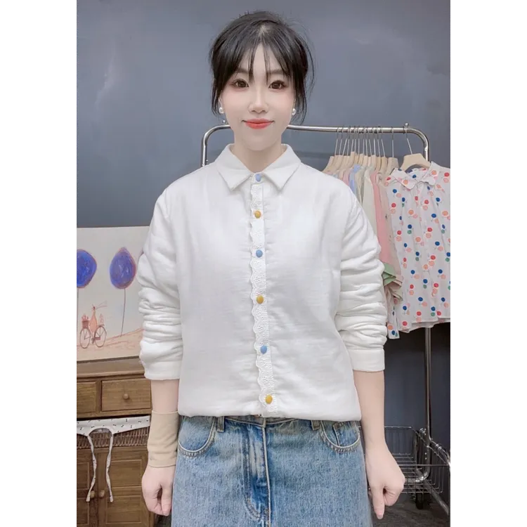 2025秋冬新款 文艺复古蕾丝彩扣内里绗棉保暖宽松百搭棉衣棉服女