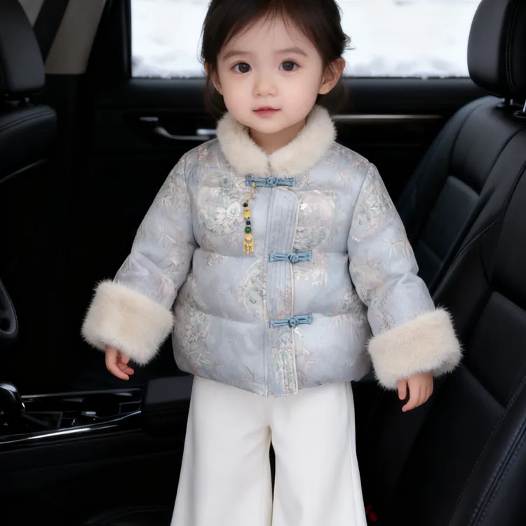 m343中国风立领碎花女童厚款毛领复古民族风加绒加厚保暖冬季时髦