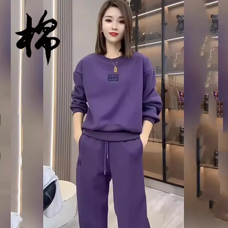 【棉】卫衣运动套装女2025年秋冬加绒圆领长袖上衣休闲束脚裤两件套