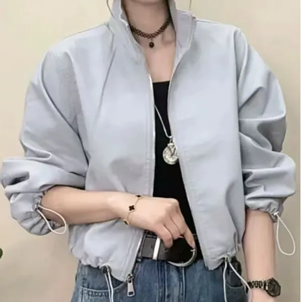 立领皮衣外套女2025春季新款韩版休闲短款夹克抽绳宽松显瘦上衣潮