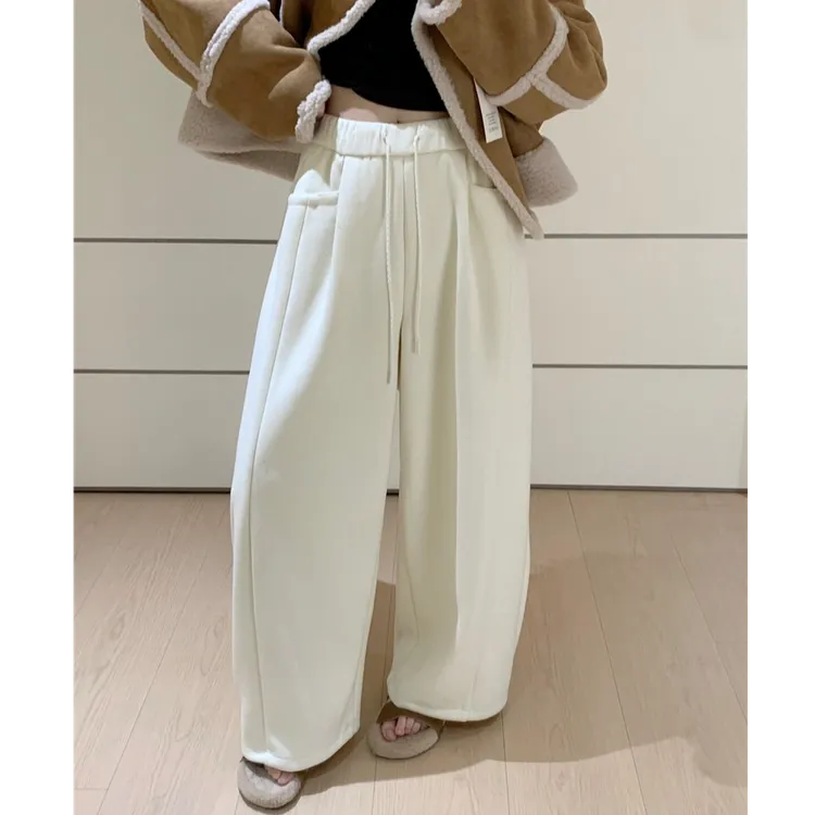 韩系慵懒抽绳白色加绒裤子秋冬加厚软糯弯刀裤宽松休闲阔腿糯米裤