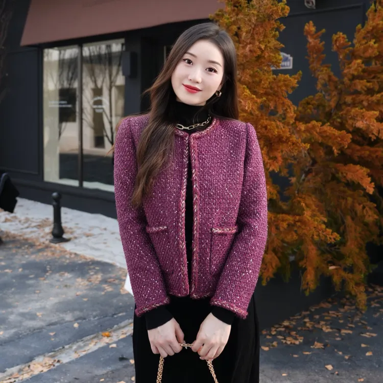 【紫月幽兰】2025春秋冬新款紫色时尚气质轻奢小香风外套