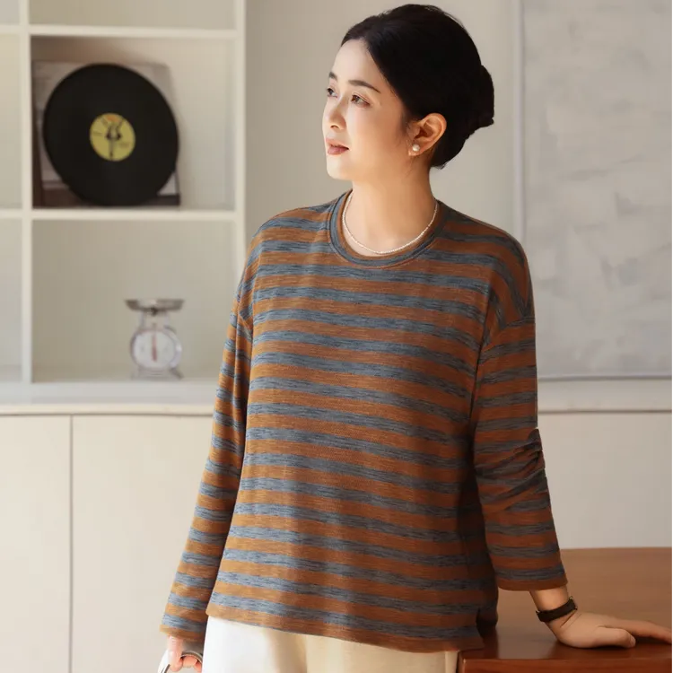【秋日松弛】汉麻棉T恤质感立体垂坠复古彩色条纹长袖女T恤FSY51117