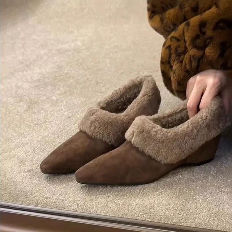 牛皮~灰色鞋子女韩系尖头内增高毛毛鞋冬季加绒浅口单鞋保暖棉鞋