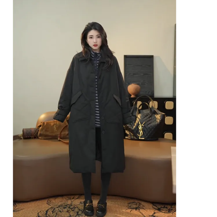 小乖逃长款黑色棉服大衣外套羽绒ET感斜口袋外套万能百搭250963