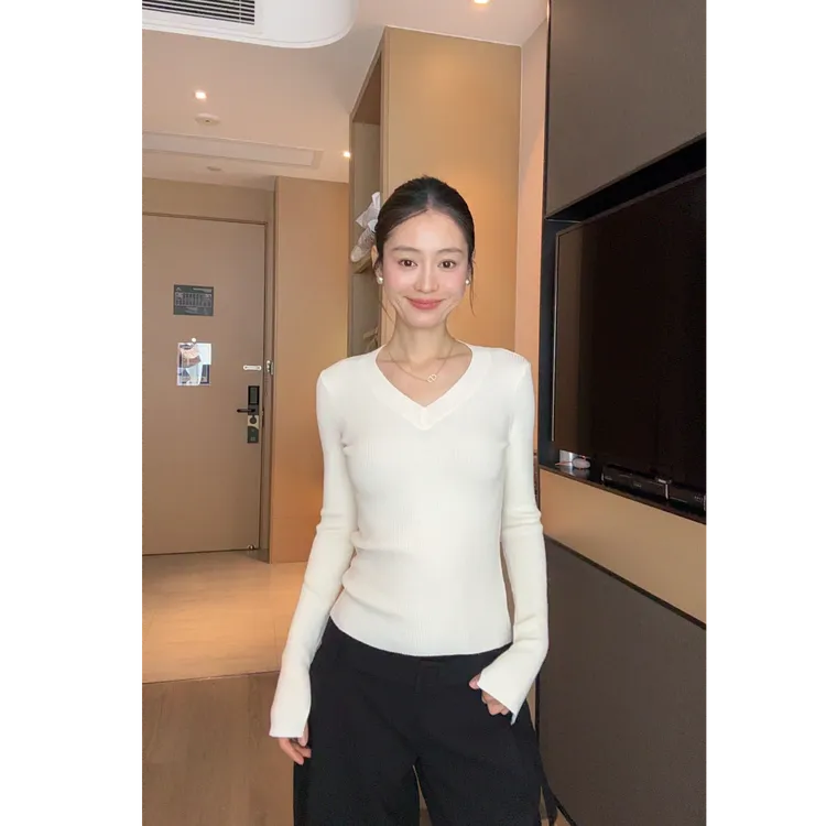 【部分现】基础款V领镂空针织衫修身内搭打底衫长袖上衣女M1641