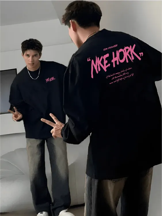 320克重磅双纱纯棉螺口长袖T恤男春秋字母秋冬宽松黑色休闲圆领ol