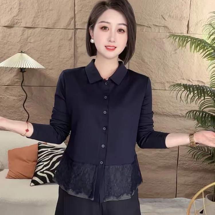 遮肚子显瘦蕾丝拼接纯色收腰衬衫女气质百搭打底上衣衬衣