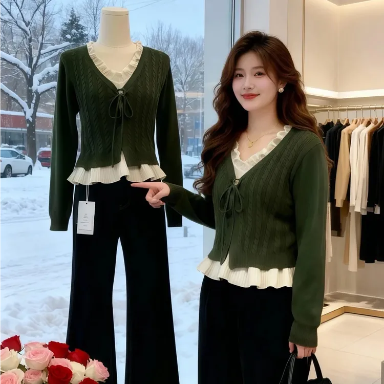 大码复古绿色假两件v领针织衫毛衣女秋冬宽松内搭打底衫短款上衣