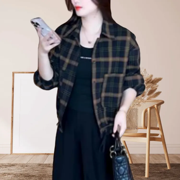复古时尚休闲格子设计小个子长袖外套女洋气减龄显瘦翻领宽松上衣