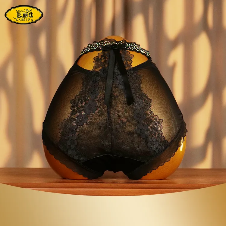 xarifa烫钻性感缎面蕾丝女士大码高腰内裤镂空诱惑2271