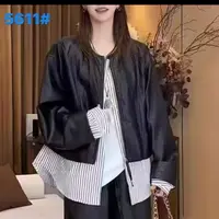 5611设计感条纹假两件皮衣外套