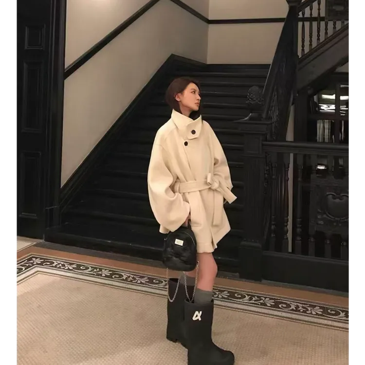 【金敏喜2.0】25冬季新款羊毛呢加棉短款加棉立领腰带大衣外套