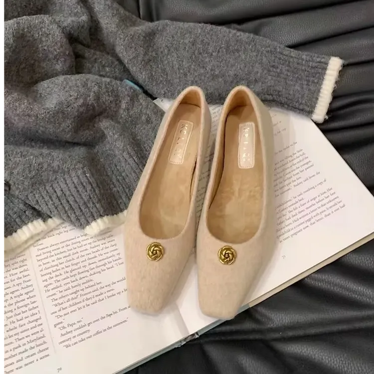 阿琳ALIN同款小香风低跟方头单鞋女秋冬加绒温柔通勤毛鞋AL5PD211