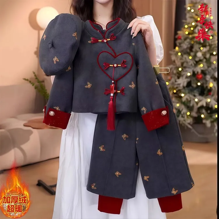 女童国风毛呢小香风加绒外套阔腿裤套装2025新款冬装新中式拜年服