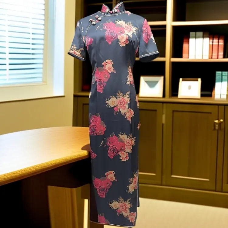 【夏雨04】气质三色玫瑰花春夏季旗袍时尚舒适复古中长款礼服香云纱