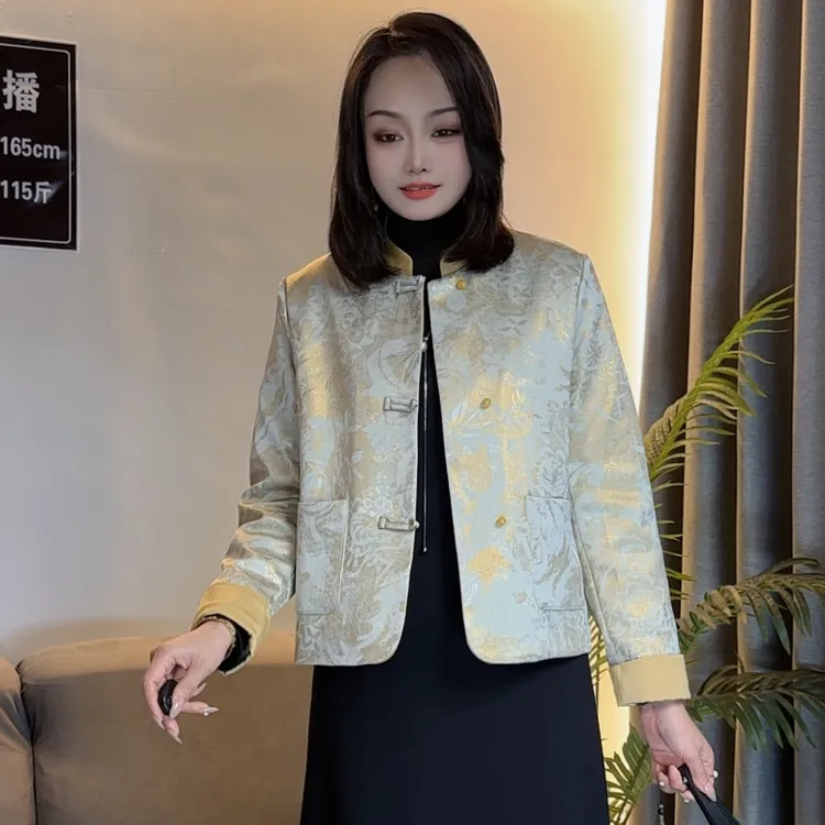 新中式国风棉服缎面提花外套女2025秋冬新款洋气高端短款百搭上衣