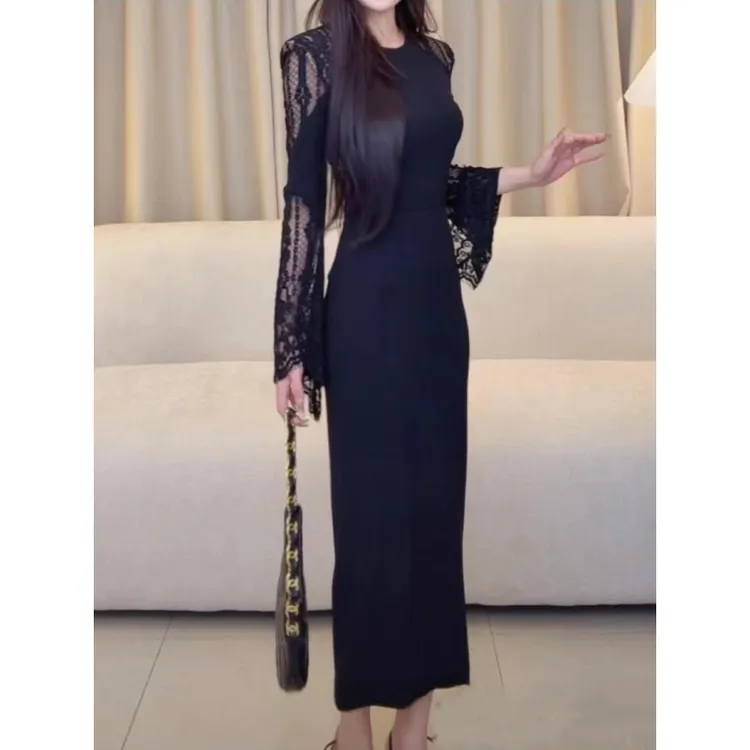 蕾丝拼接小黑裙 拿捏优雅高级感 秒变气质女神秋冬打底外穿长裙女
