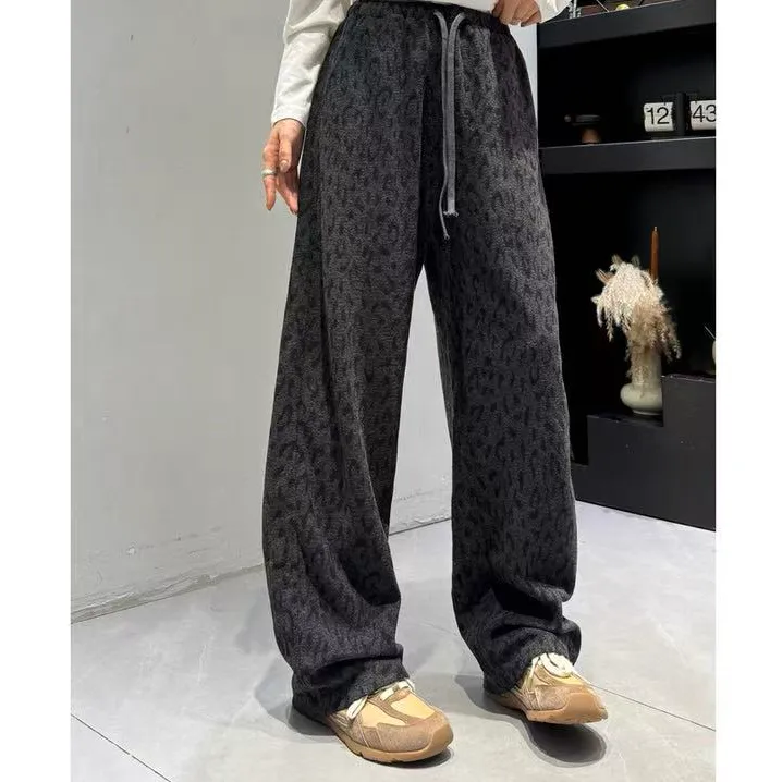 秋冬季慵懒风宽松显瘦高腰加绒灰色豹纹阔腿裤